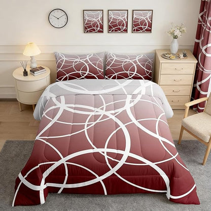 Modern Geometric Circle King Size Comforter Set,Red Gradient Watercolor Decor All Season Bedding Set for Girls,Teens Abstract Stripes Comforter,Simplicity Art Decor Quilt Set Bedroom Collection 3Pcs