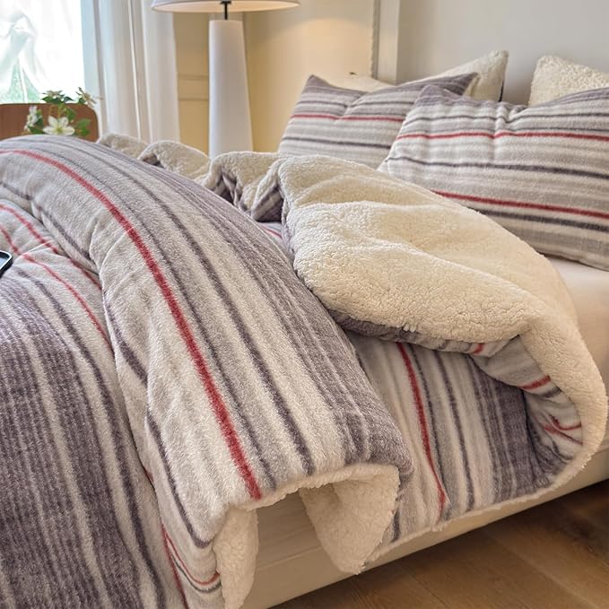 Cyusri Striped Sherpa Comforter Set 3Pcs Fluffy Warm Fleece Down Alternative, Grey Red Bedding Set with 2 Pillowcases, Queen Size 90"x90"