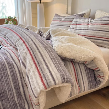 Cyusri Striped Sherpa Comforter Set 3Pcs Fluffy Warm Fleece Down Alternative, Grey Red Bedding Set with 2 Pillowcases, Queen Size 90"x90"