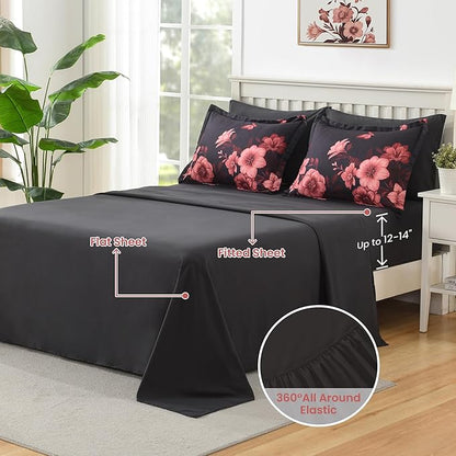 Floral Comforter Set Queen Size, 7 Piece Black Bed in a Bag, Elegant Flower Pattern Comforter Set with Sheet, Soft Microfiber Complete Bedding Sets for All Season
