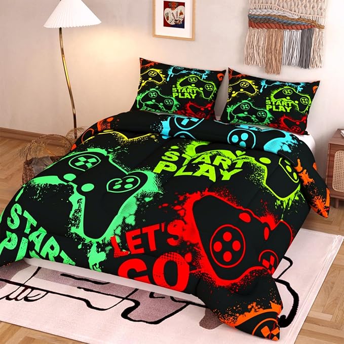 Gamer Comforter Set,Green Yellow Red Black Colorful 3D Pattern for Kids Teens Adults,Decorative Bedding Comforter Sets with 2 Pillow Shams, Twin Size