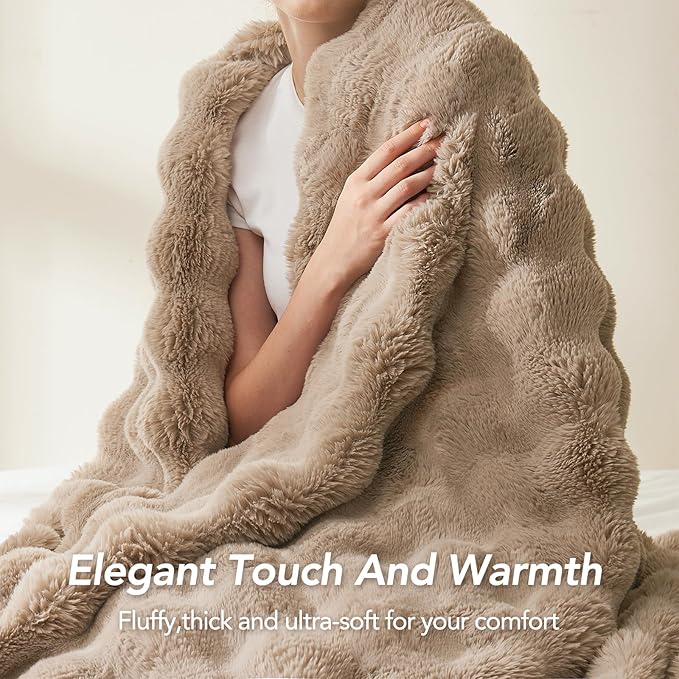 L'AGRATY Faux Fur Throw Blanket: 50" x 60" Luxury Soft Fluffy Rabbit Fur Blankets Twin for Couch Bed Sofa - Cozy Plush Bubble Blankets for Winter: Flannel Fleece Decorative Blanket(Light Linen)