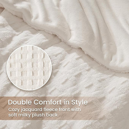 Amélie Home Waffle Comforter King Set, Jacquard Design Fleece Bed Set, Super Soft Plush Bedding Set for Winter, Beige, 3 Pieces, 1 Cozy Comforter and 2 Pillowcases