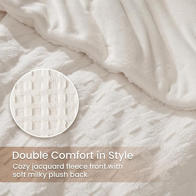 Amélie Home Waffle Comforter Queen Set, Beige Fluffy Fleece Bed Set, Super Warm Fluffy Plush Bedding Set for Winter, 3 Pieces,1 Cozy Comforter and 2 Pillowcases