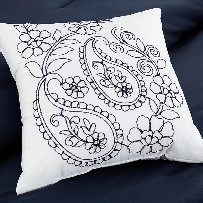 Chezmoi Collection Linz 7-Piece Navy/White Paisley Floral Scroll Embroidered Comforter Set, Queen