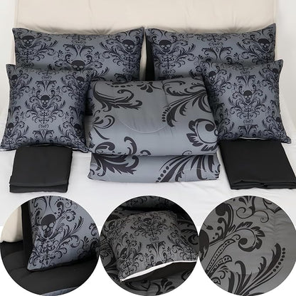 Erosebridal Gothic Damask Comforter Set 7 Piece Bed in a Bag Twin,Sugar Skull Bedding Sets Black Grey Victorian Floral Goth Sheet Set with Comforter