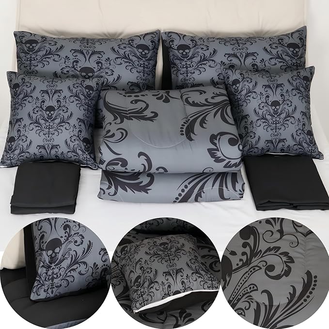 Erosebridal Gothic Damask 7 Piece Comforter Set Full Bed in a Bag,Sugar Skull Bedding Sets Black Grey Victorian Floral Goth Sheet Set with Comforter