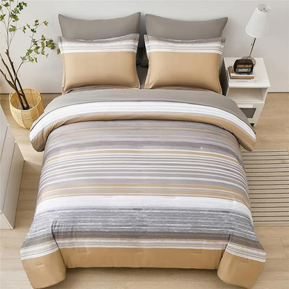 7 Piece Bed in a Bag Stripe Comforter Set Full Size, White Grey Khaki Striped Comforter and Sheet Set, All Season Soft Microfiber Complete Bedding Set(Khaki,Full)