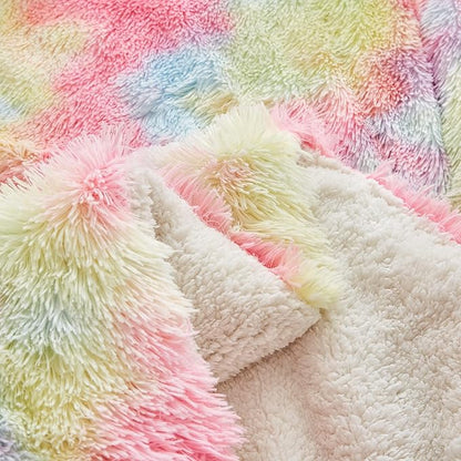 Flysheep Luxury Faux Fur Shaggy Fluffy Comforter Set King Size Colorful Rainbow Long Hair, 3 Pieces Plush Flannel Sherpa Backing Reversible Soft Microfiber Bedding Set Super Warm for Winter