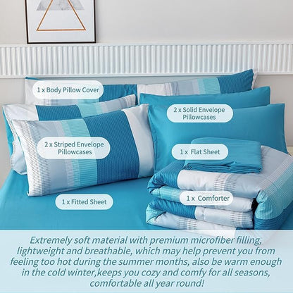 RYNGHIPY 8 Pieces Teal Grey Queen Bed Comforter Sets, Soft All Season Boys Men Women Comforter Bedding Set, Turquoise Stripe Colorblock Bed in a Bag Lightweight Fluffy (Queen,Teal Grey)