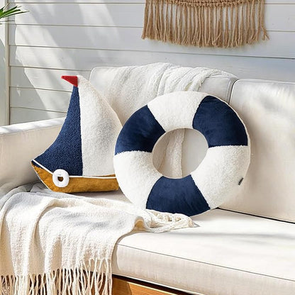 AELS Sailboat & Lifebuoy Nautical Throw Pillows Set of 2, Coastal Decor for Beach Enthusiasts Beach House, Ideal for Sofa Couch Living Room Bedroom and Nursery, Navy Blue and White
