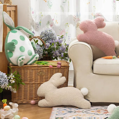 Phantoscope Happy Easter Bunny Shaped Throw Pillow, Plush Boucle Jumping Rabbit Cushion Sherpa Easter Decorative Pillow for Couch Living Room Bed, Beige, 14.5 x 21.5 inches