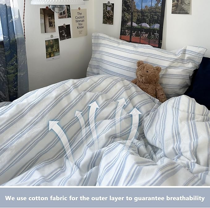 VM VOUGEMARKET Demin Blue Striped Comforter Set Full Ticking Stripe Neutral Farmhouse Bedding Set with 2 Pillowcases Lightweight Luxury Comforter for Boys Men