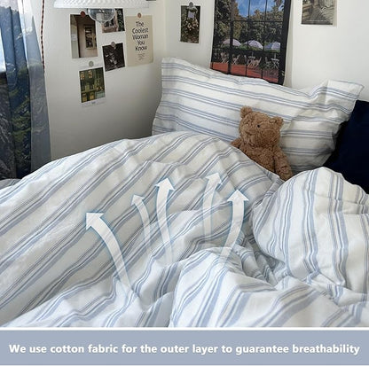 VM VOUGEMARKET Queen Comforter Set Washed Cotton Vertical Demin Blue and White Striped Bedding Set Lightweight & Breathable for All Seasons (1 Comforter and 2 Pillowcase)