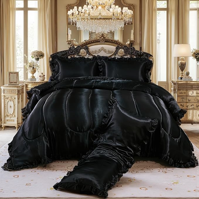 Black King Comforter Set Silk Like Satin Bedding Set Hotel Soft Polyester Black Bed Set Luxury Silky Body Pillow Cover with Quilt Set Ruffle Down Comforter Home Decor