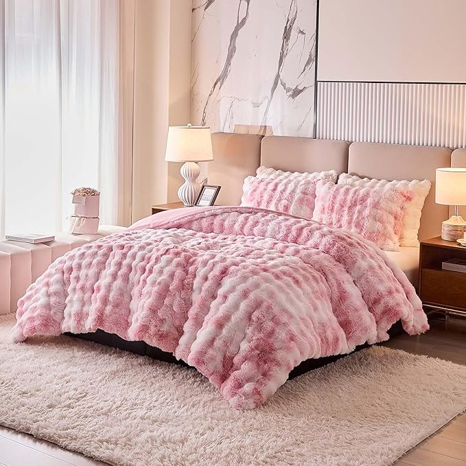 Twin Faux Rabbit Fur Comforter Set - 3 Pieces Fluffy Bedding Set Ultra Soft Warm Shaggy Plush Winter Flannel Bedding Set for Girls Women, Skin Friendly Sherpa Comforter Bed Set & 2 Pillow Shams Pink