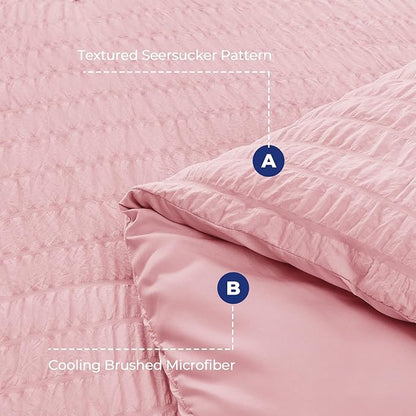 HYMOKEGE Pink Queen Comforter Set Seersucker 7 Pieces, All Season Luxury Bed in a Bag for Bedroom, Bedding Set with Comforters, Sheets, Pillowcases & Shams