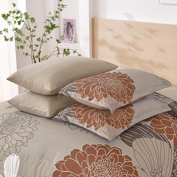 Yiran Taupe Brown Comforter Set Queen Size,7 Pieces Bed in a Bag Floral Comforter,Soft Microfiber Bedding Sets for All Seasons,90"×90"