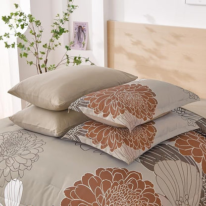 Yiran Taupe Brown Comforter Set Queen Size,7 Pieces Bed in a Bag Floral Comforter,Soft Microfiber Bedding Sets for All Seasons,90"×90"
