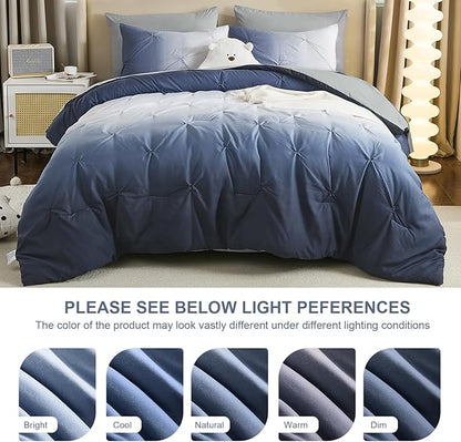 Dinjoy Ombre Comforter Set Queen Size, 7-Piece Bed in a Bag for All Season, Pintuck Colorful Rainbow Bedding Sets with Comforter, Flat Sheet, Fitted Sheet and Pillowcases & Shams, Blue