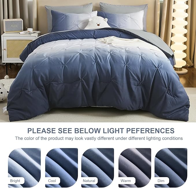 Dinjoy Ombre Comforter Set Full Size, 7-Piece Bed in a Bag for Kid Teen, Pintuck Colorful Rainbow Bedding Sets with Comforter, Flat Sheet, Fitted Sheet and Pillowcases & Shams, Blue