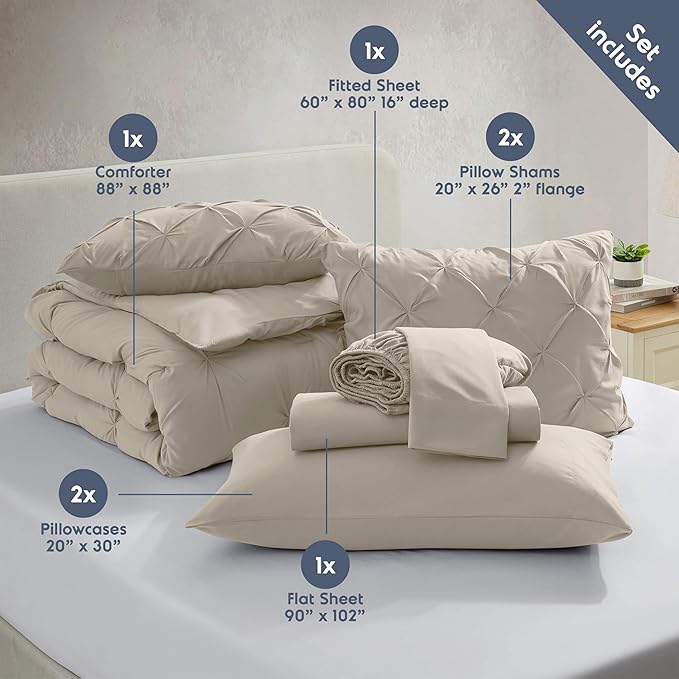 Nestl Queen Comforter Set 7 Piece - Pinch Pleated Comforters Queen Size Beige, Bed in a Bag Queen All Season, Queen Size Comforter Sets Bedding with Flat Sheet and Fitted Sheet, Pillowcases and Shams