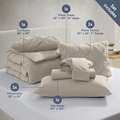 Nestl Queen Comforter Set 7 Piece - Pinch Pleated Comforters Queen Size Beige, Bed in a Bag Queen All Season, Queen Size Comforter Sets Bedding with Flat Sheet and Fitted Sheet, Pillowcases and Shams