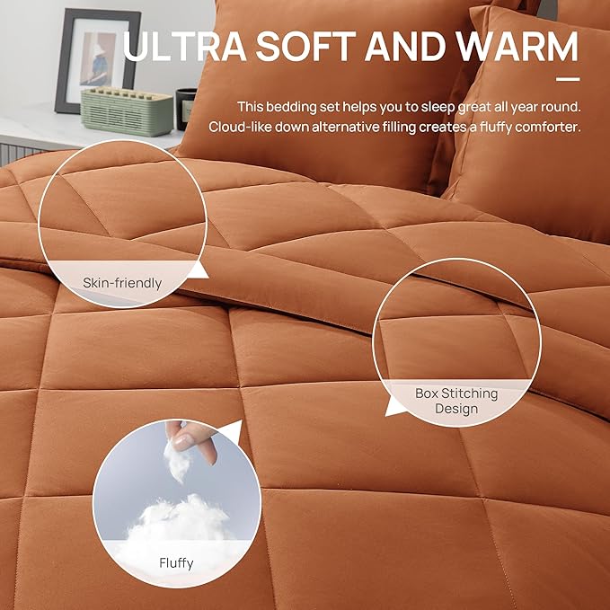 Love's cabin King Size Comforter Set Terracotta, 7 Pieces King Bed in a Bag, All Season Bedding Sets with 1 Comforter, 1 Flat Sheet, 1 Fitted Sheet, 2 Pillowcase and 2 Pillow Sham