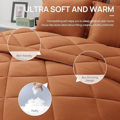 Love's cabin California King Comforter Set Terracotta, 7 Pieces California King Bed in a Bag, All Season Bedding Sets with 1 Comforter, 1 Flat Sheet, 1 Fitted Sheet, 2 Pillowcase and 2 Pillow Sham