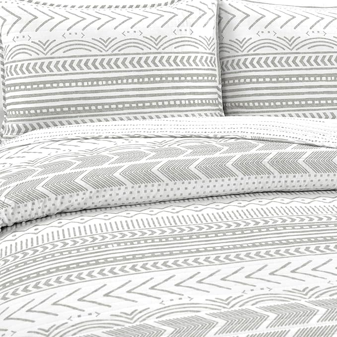 Lush Decor Hygge Geo Pattern Striped 3 Piece Quilt Bedding Set, King, Gray & White