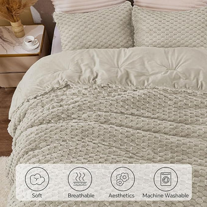BEDELITE Fluffy King Size Comforter Set - Linen Fleece Soft Comforter for King Size Bed, Luxury Warm Bedding Set for Winter, Fuzzy Bed Set 3 Pieces (1 Comforter, 2 Pillowcases)