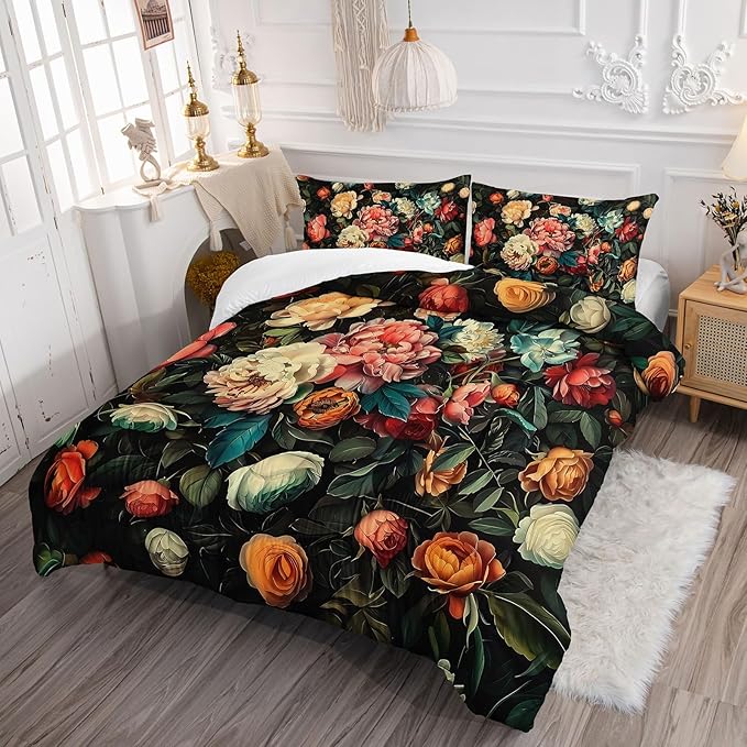 Cute Flower 3 Piece Bedding Set Full Size，Colorful Floral Ultra Soft Microfiber Comforter Bed Set with 3-Pieces,Flower Comforters Sets for Girl Teen Floral Bedroom Decor with 2 Pillow Shams