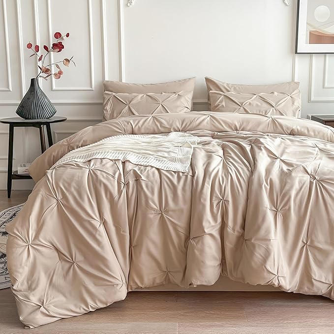 Maple&Stone California King Comforter Set, 7 Pieces Cal King Bed Set, Pinch Pleat Bed in a Bag Bedding Set with Comforter, Sheets, Pillowcases & Shams - Beige