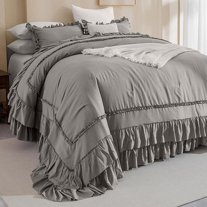 QSH Grey Oversized King Comforter Set 120x120, Farmhouse Ruffled Bed Comforter Gray French Country Rustic Vintage Comforter Microfiber Soft Lightweight Fluffy Shabby Bedding 3 PCs
