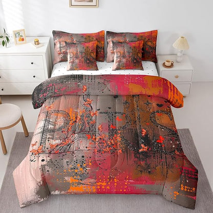 Erosebridal Paris Print Bedding Comforter Sets 7 Pieces Brown Red Bedding Set, Abstract King Size Comforter Set (1 Comforter, 1 Fitted Sheet, 1 Flag Sheet, 2 Pillowcases, 2 Throw Pillow Covers)