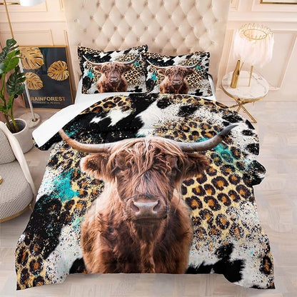 Tailor Shop Western Highland Cow Bedding Queen Size Wild Cow Print Comforter Sets for Kids Teens Boys Leopard Comforter Sets with 2 Pillowcases