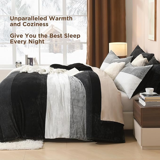 Litanika Fluffy Fleece Twin Comforter Set, Luxury Soft Plush Fuzzy Black & White Stripe Bedding Comforter Sets, Warm Shaggy Faux Fur Bed Set All Season (1 Comforter, 1 Pillowcase)
