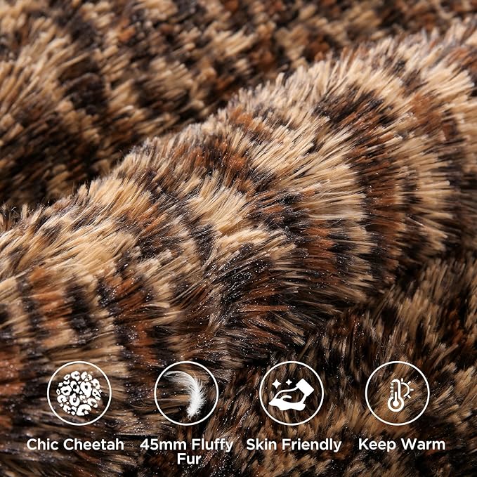 Leopard Print Fluffy Faux Fur Comforter Set Queen Size, 3 Pieces Brown Cheetah Plush Shaggy Fuzzy Bedding Set, Ultra Soft Luxury Furry Boho Animal Print Winter Warm Comforter for Women Gilrs