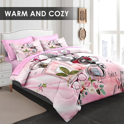 Comforter Set Twin Size, Paris Teen Girls 5 Pcs Pink Bedding for Kids and Adults, Cute Makeup Perfume Bed Sheet Sets with Fitted Sheet Pillowcase & Sham for Bedroom Bed Decor