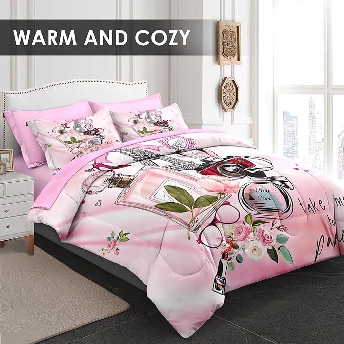 7 Pcs Comforter Set Queen Size, Paris Teen Girls Pink Bedding for Kids and Adults, Cute Makeup Perfume Bed Sheet Sets with Fitted Sheet 2 Pillowcases & 2 Shams for Bedroom Bed Decor