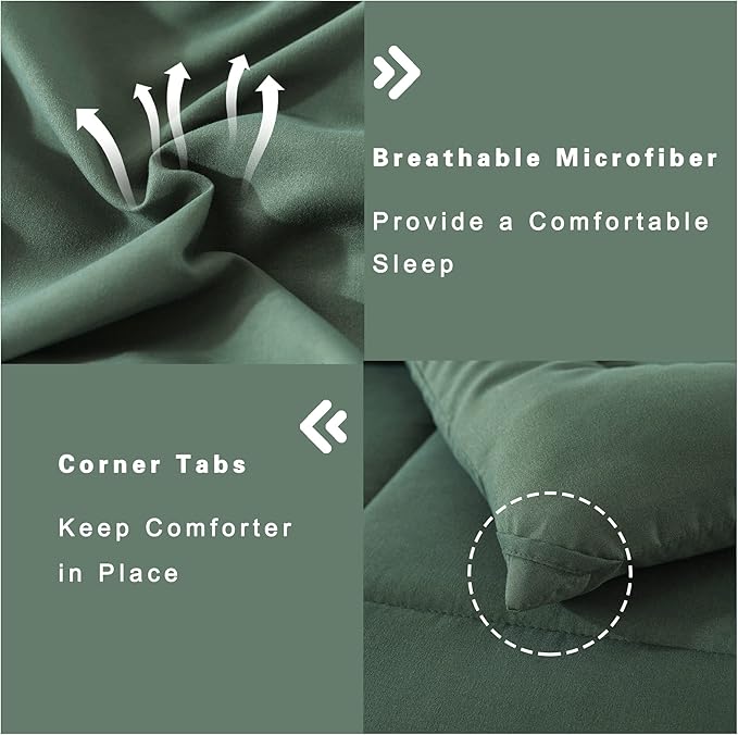DOWNCOOL King Size Comforter Set -All Season Bedding Comforters Sets with 2 Pillow Cases -3 Pieces Bed Set Down Alternative King Bedding Set -Sage Green King Comforter Set(102"x90")