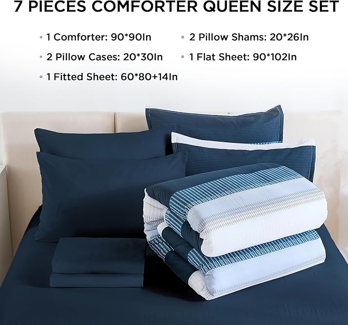 Andency Queen Comforter Set Navy - 7 Pieces Striped Bed in a Bag, Soft Microfiber All Season Patchwork Bedding Set with Comforter, Fitted & Flat Sheet, Pillowcases & Shams