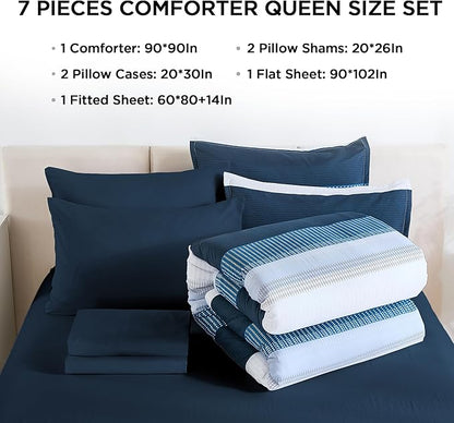 Andency Queen Comforter Set Navy - 7 Pieces Striped Bed in a Bag, Soft Microfiber All Season Patchwork Bedding Set with Comforter, Fitted & Flat Sheet, Pillowcases & Shams