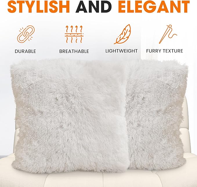 Cheer Collection Throw Pillows for Couch and Bed, Soft Shaggy Throw Pillows with Inserts Included, Cozy Long Hair Faux Fur Pillows - Set of 2-20" x 20" - White