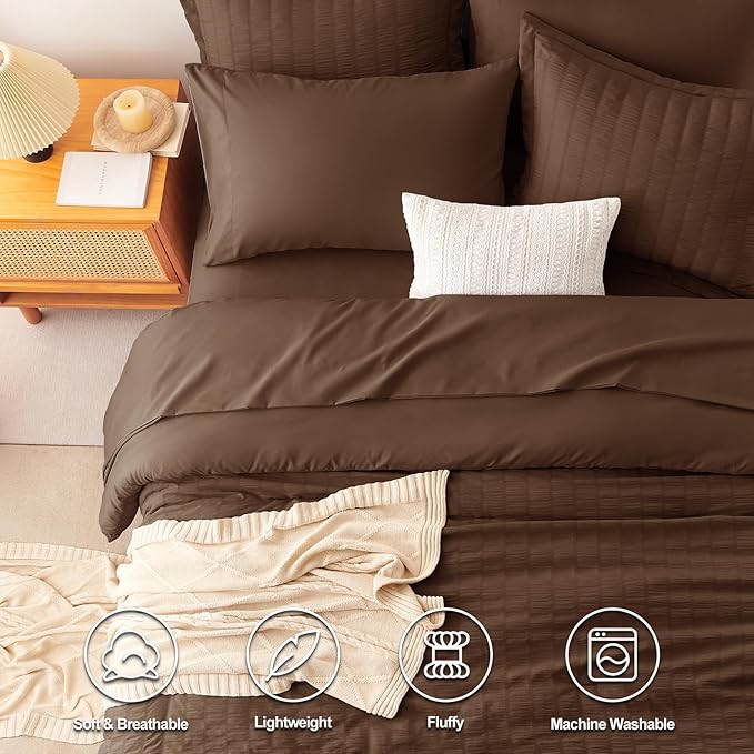 CozyLux Twin Comforter Set with Sheets 5 Pieces, Brown Seersucker Textured Bed in a Bag, Luxury Soft Bedding Set with Down Alternative Comforter, Sheets, Pillowcases & Shams for All Seasons