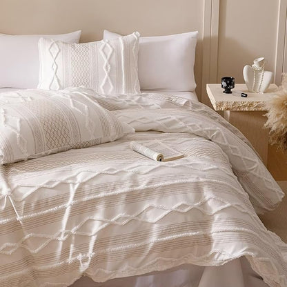 Cottonight White Boho Comforter Set Queen Farmhouse Tufted Bedding Set Soft Bohemain Shabby Chic Blanket Quilts Embroidery Rustic Luxury Soft 3PCS Bed Set for Women Men
