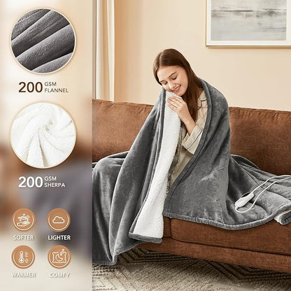 Homemate Electric Heated Blanket Queen Size - 84"x90" Heating Blanket Queen Size Dual Control 1/2/4/6/8 Hours Auto-Off 10 Heat Level Over-Heat Protection Flannel Sherpa ETL Certification