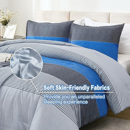 Litanika Bed Comforter Full Set Grey Blue, Striped Bedding Set, 3 Pieces Lightweight Soft All Season Down Alternative Comforter and 2 Pillowcases