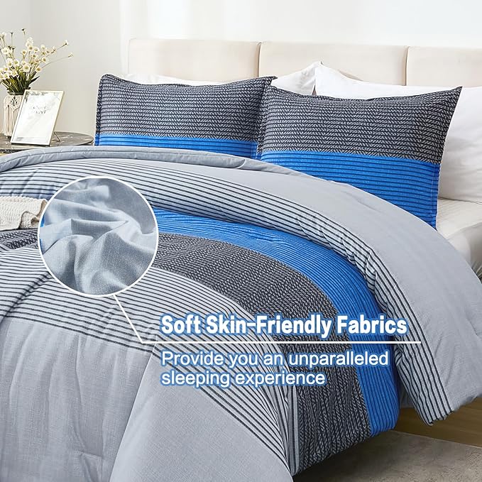 Litanika Blue Grey Bed Comforter Twin Comforter Boys Men Striped Bedding Comforter Set, 2 Pieces Lightweight Soft All Season Down Alternative Comforter