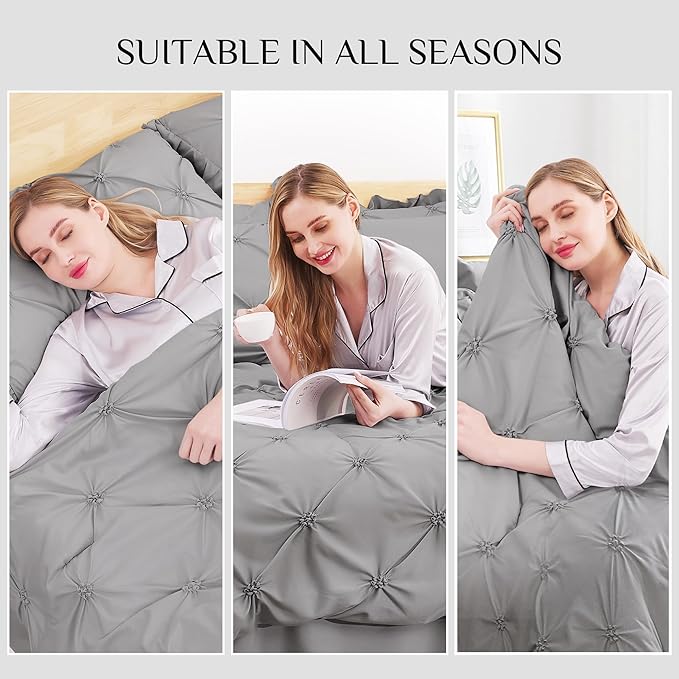 JOLLYVOGUE Grey Queen Comforter Set, 7 Pieces Pintuck Comforters Queen Size, Bed in a Bag Queen Comforter for Bedroom, Bedding Comforter Sets with Comforter, Sheets, Ruffled Shams & Pillowcases